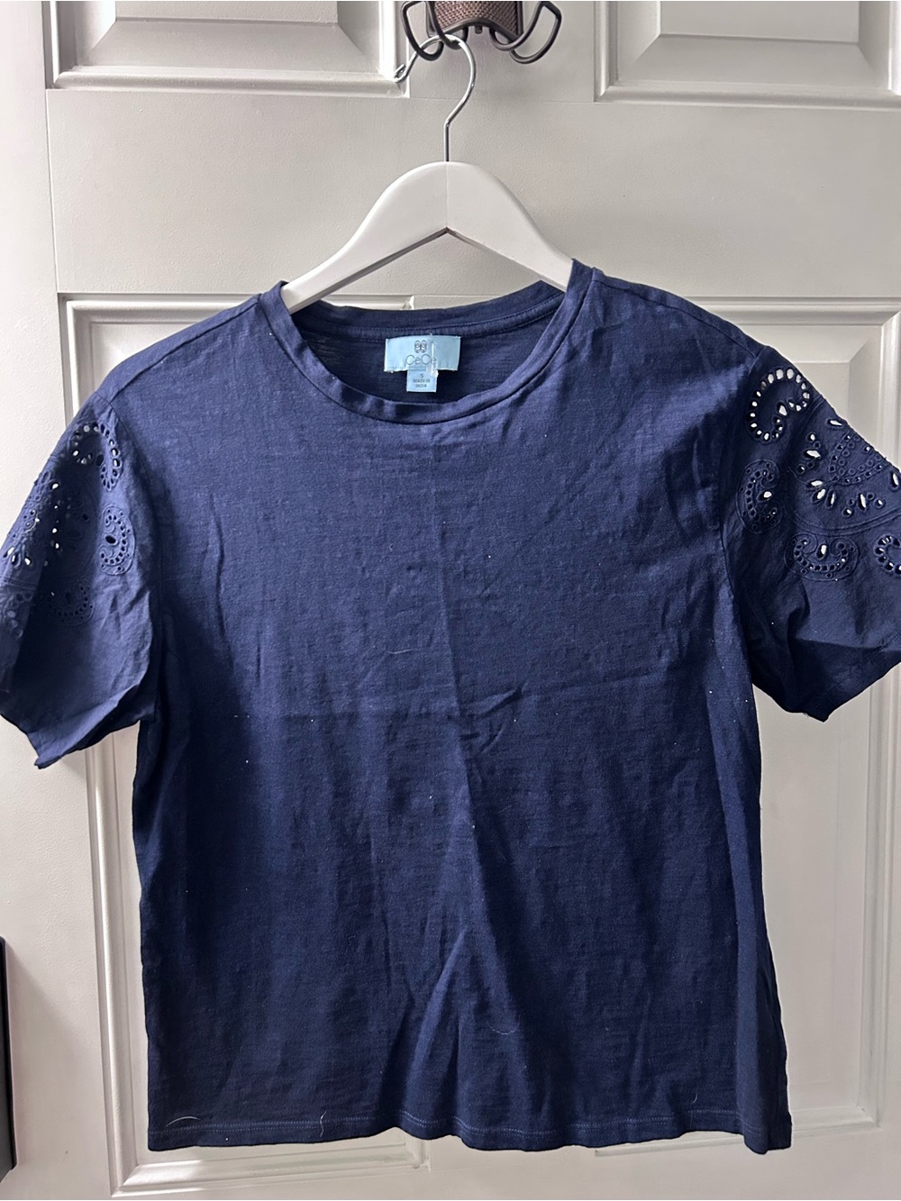 CeCe Navy Eyelet Sleeve Short Sleeve Tee